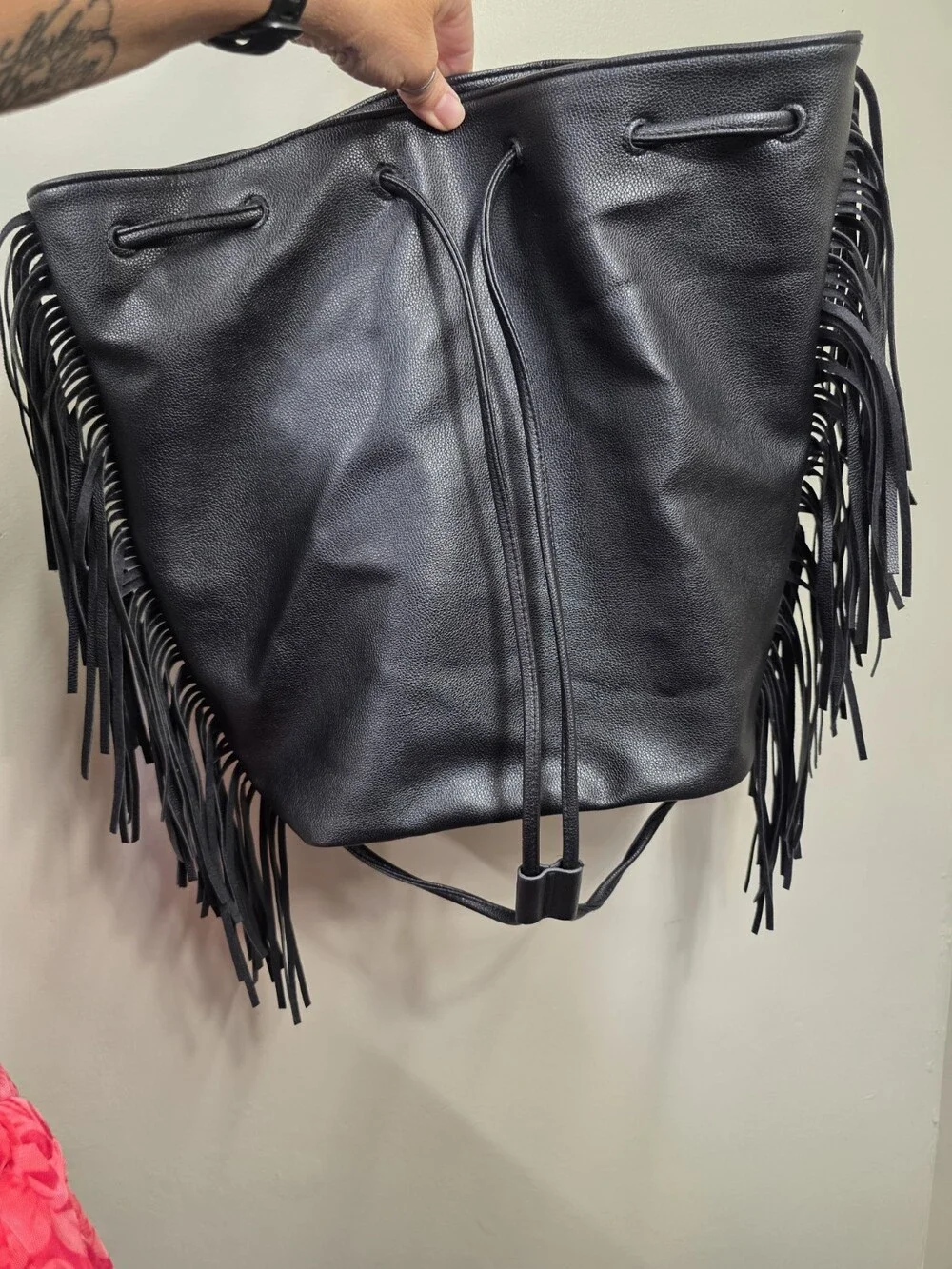 Victoria's Secret Fringe Drawstring Backpack Faux Leather Black Purse Bag *NWOT*